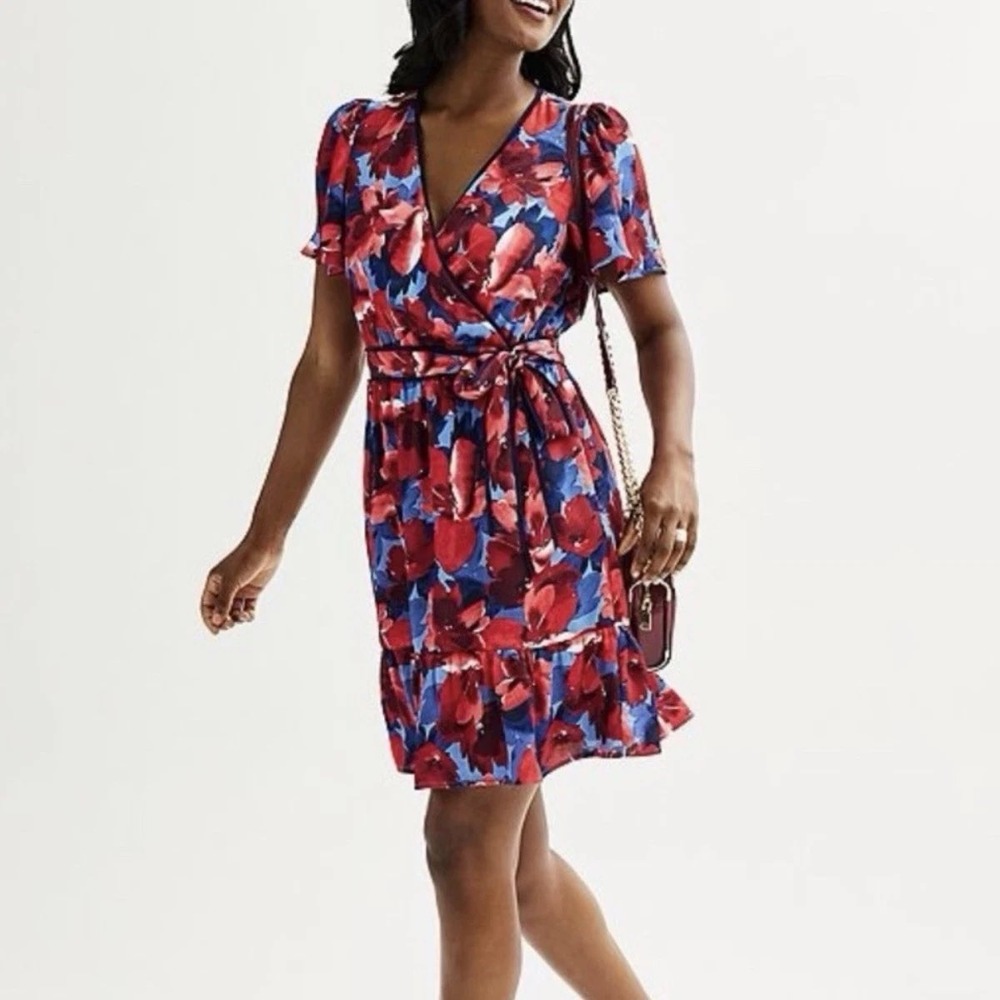 Draper James Wrap Dress Womens Blue Red Floral Ruffle Sleeve Preppy XL - Picture 5 of 5
